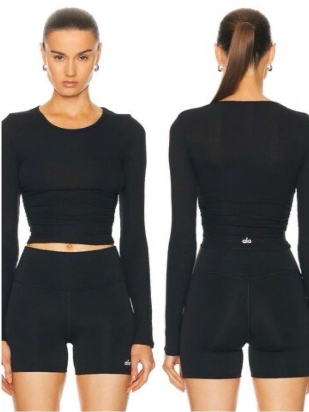 ALO Yoga Gather Black Long Sleeve Crop Top Size XS